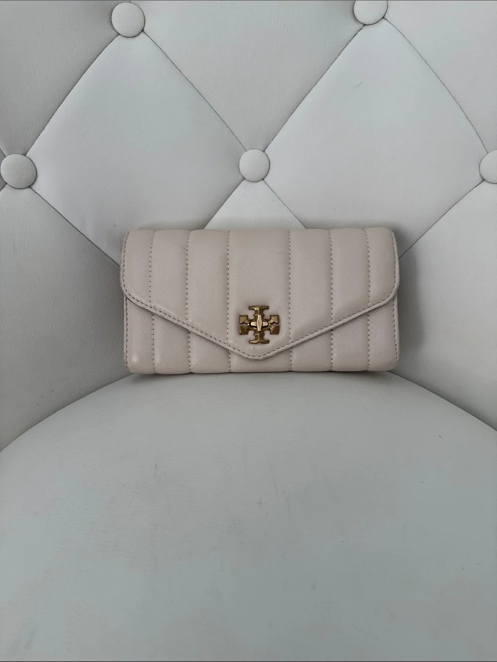 Tory Burch Kira Quilted Envelope Leather  Wallet with turn lock close in Cream